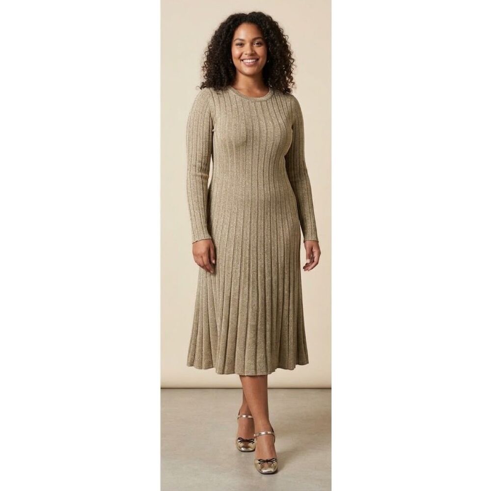 J.Crew NWT Gold Rib-Knit Lurex Metallic Flare Midi Dress XL CP162 Holiday Glam